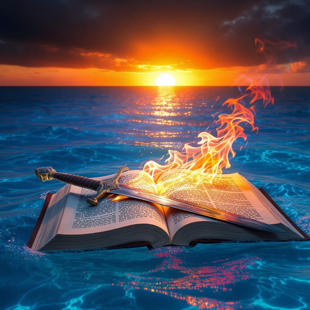 Flaming Sword on Bible Amidst Blue Water and Sunrise
