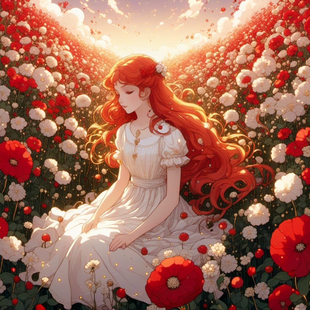 Anime Girl in Flower Field at Golden Hour