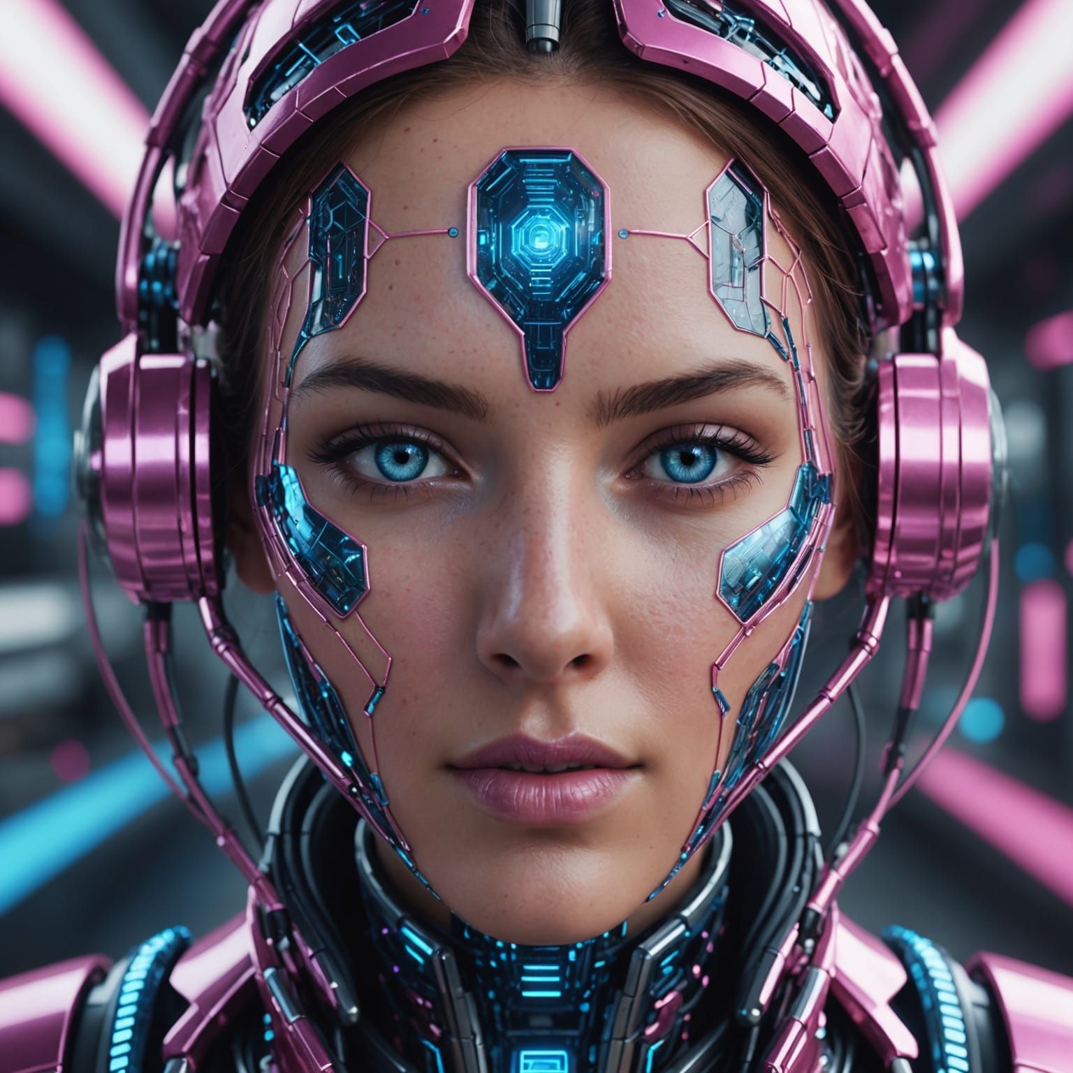 Metallic Pink Woman with Blue Computer Networks