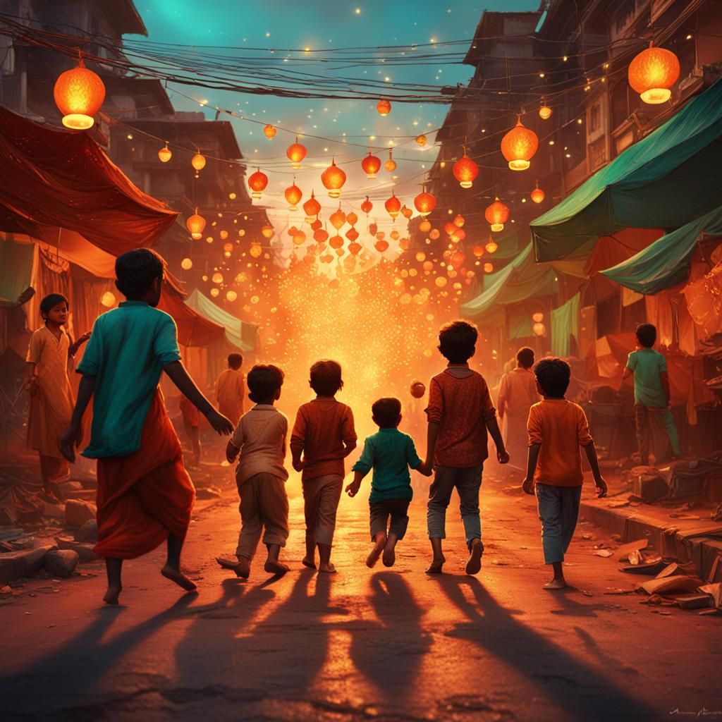 Diwali, children celebrating on a street of Bangalore at sun...