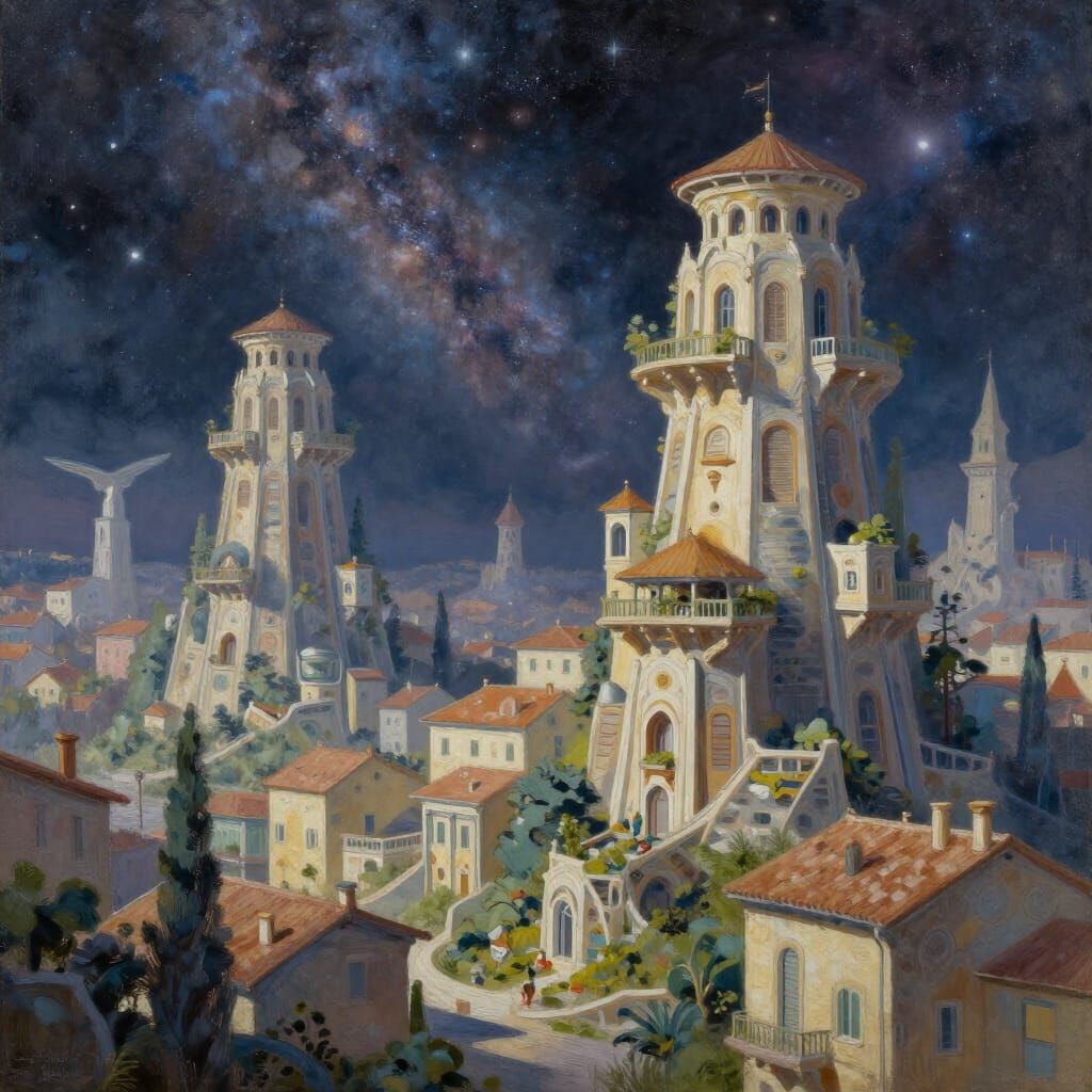 Cosmic Italian French Futuristic Neighborhood Landscape