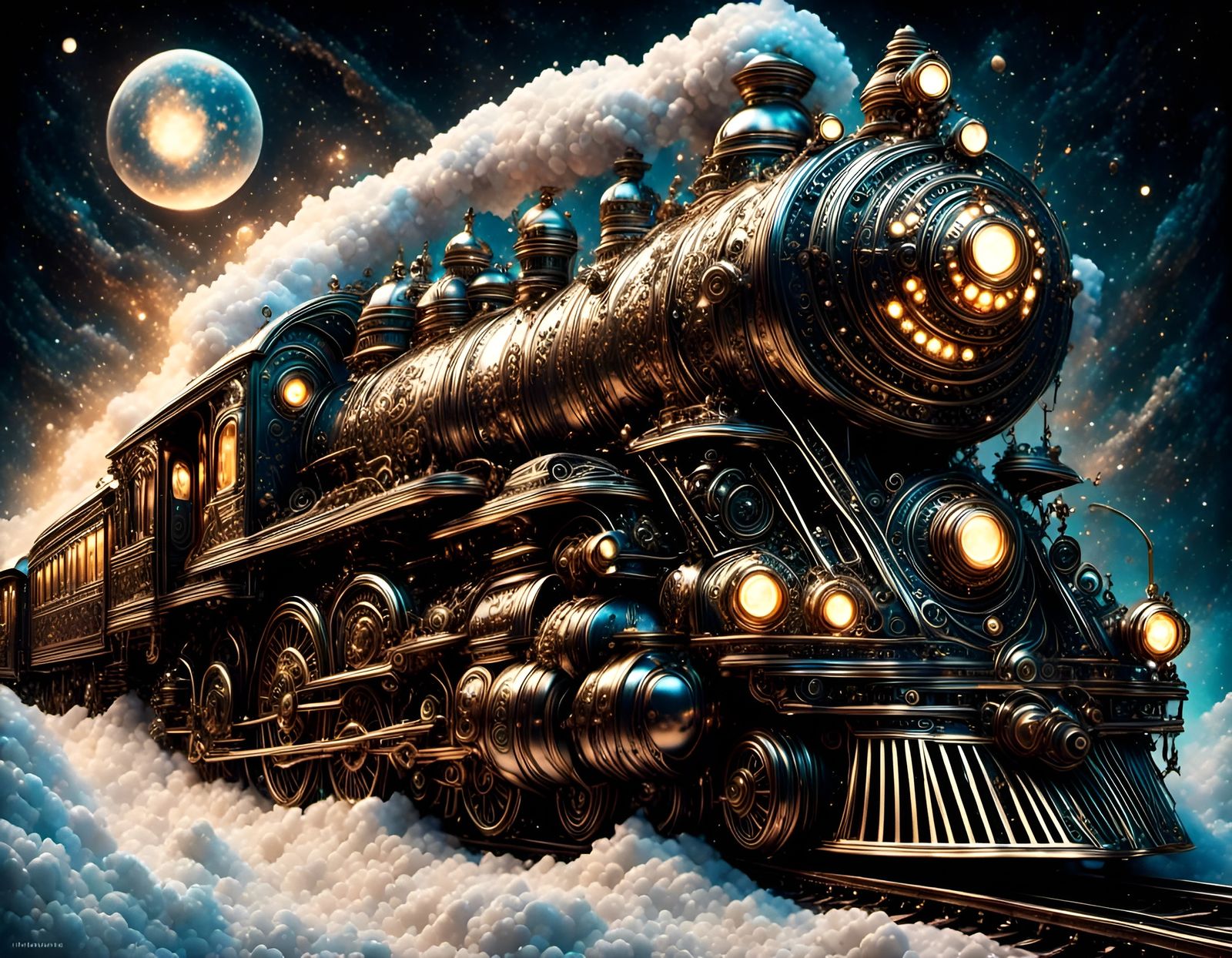 Snow-White Steampunk Train Flies Through the Night