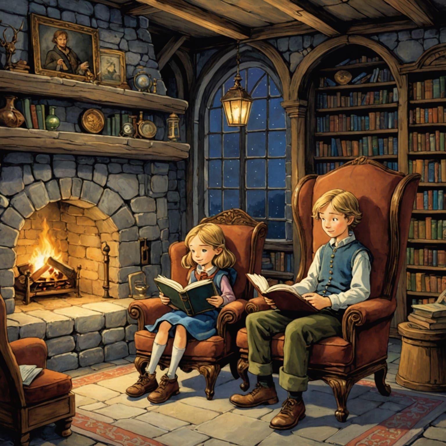 Medieval Fantasy: Siblings Reading by Fireplace