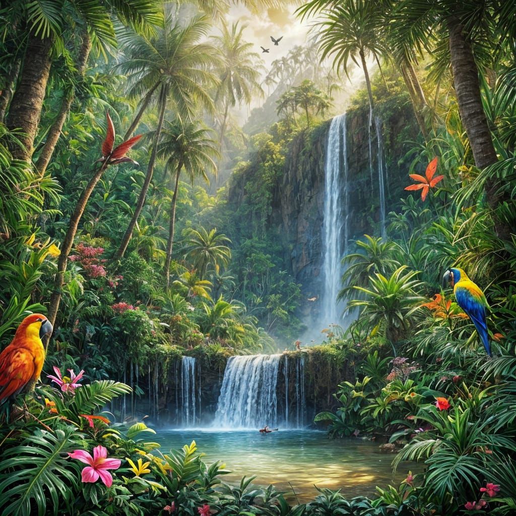 Tropical Paradise Waterfall in Exotic Rainforest