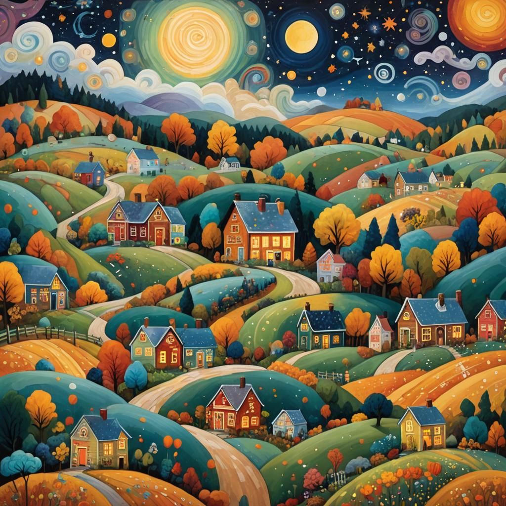 Whimsical Folk Art Autumn Festival Under Harvest Moon