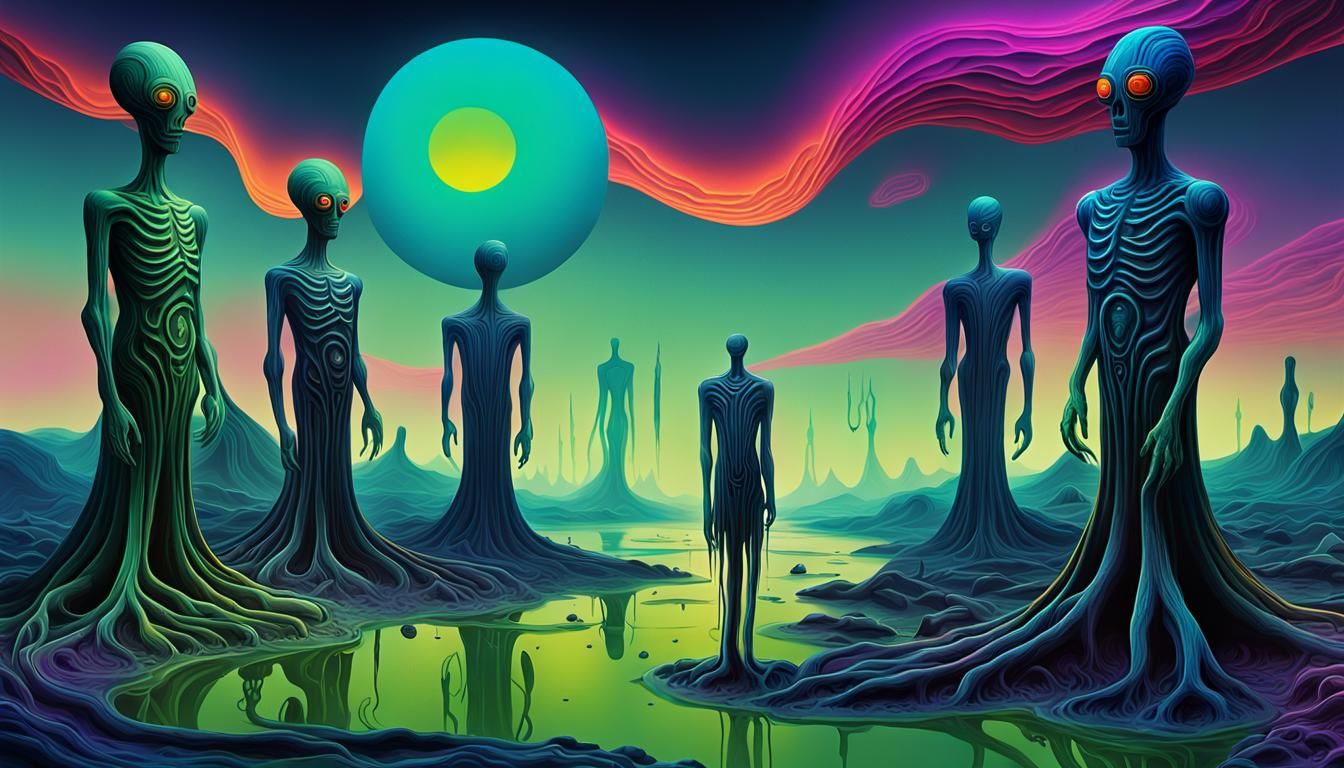 Surreal Distorted Figure in Polluted Landscape