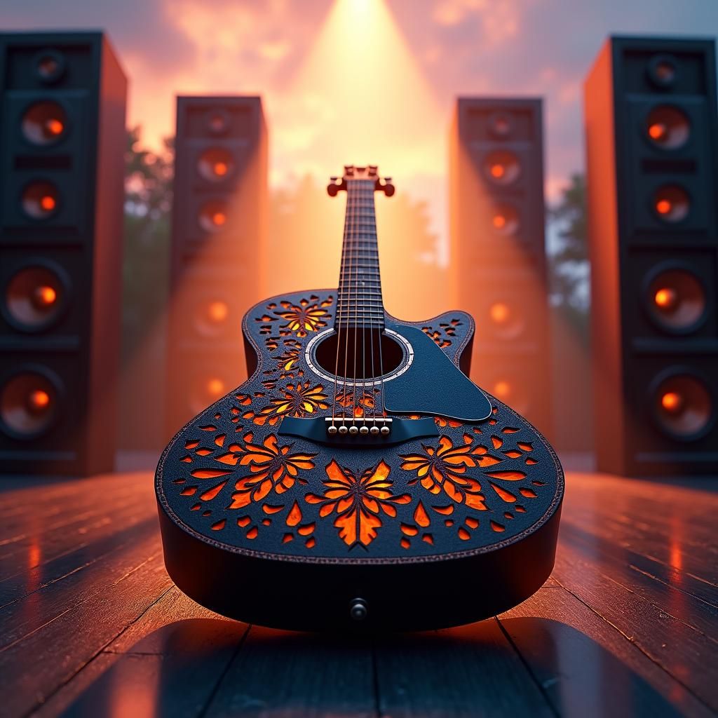 Ornate Guitar on Stage in Surreal Digital Art