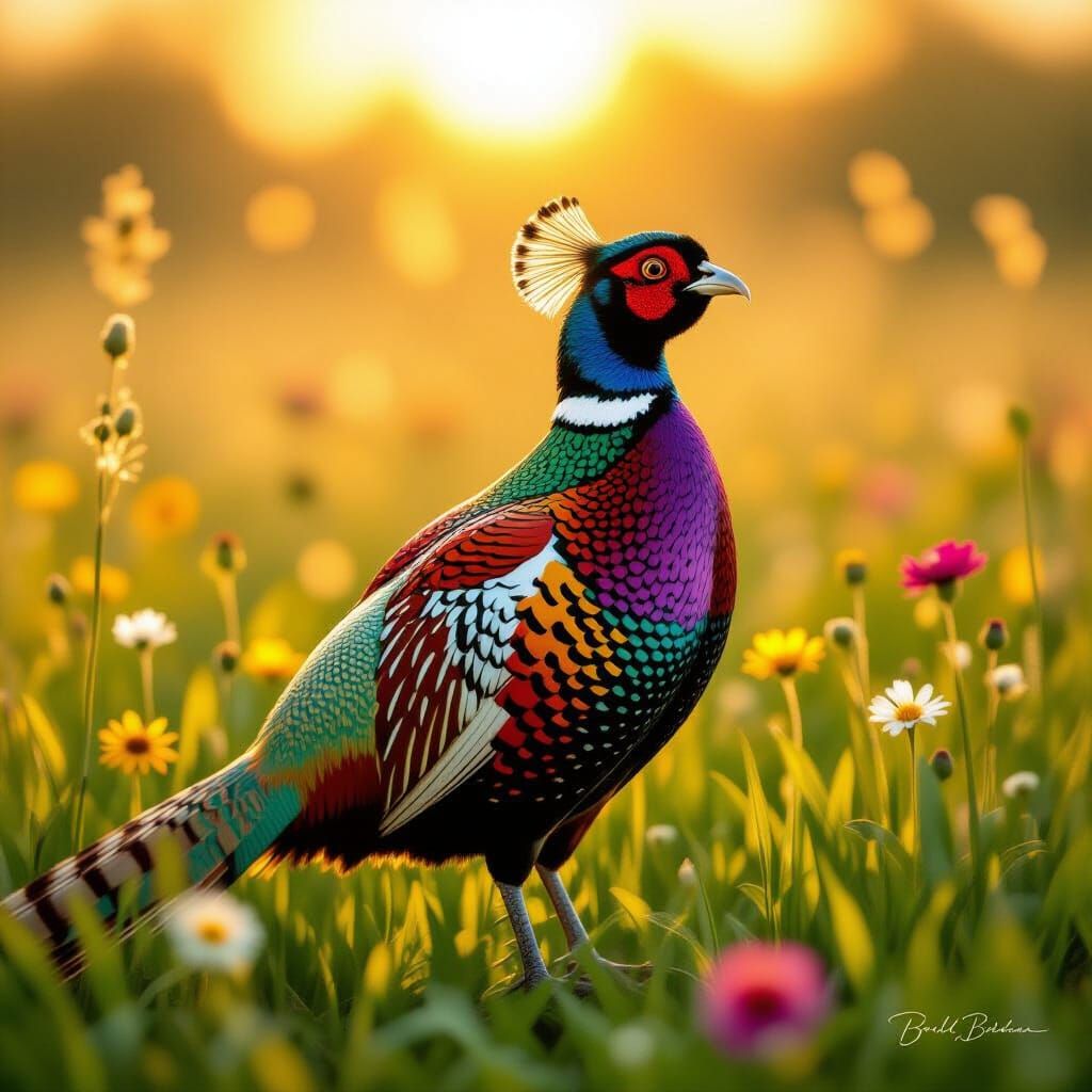 Majestic Pheasant in Sunlit Meadow, Hyperrealistic Art