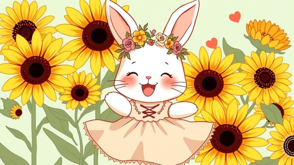 Kawaii Bunny with Sunflowers in Whimsical Style