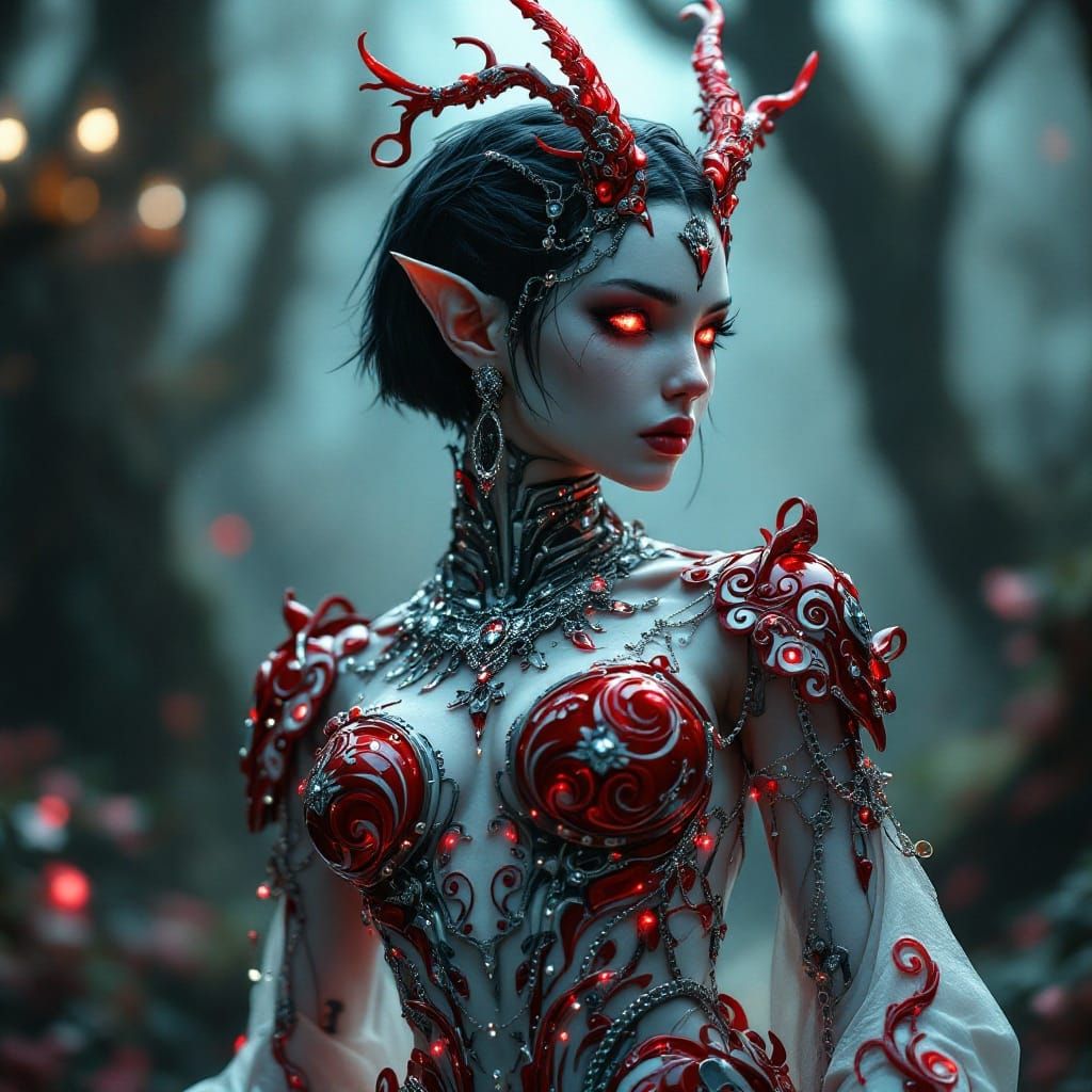 Cyborg Elf Goddess in Rococo-Red Armor