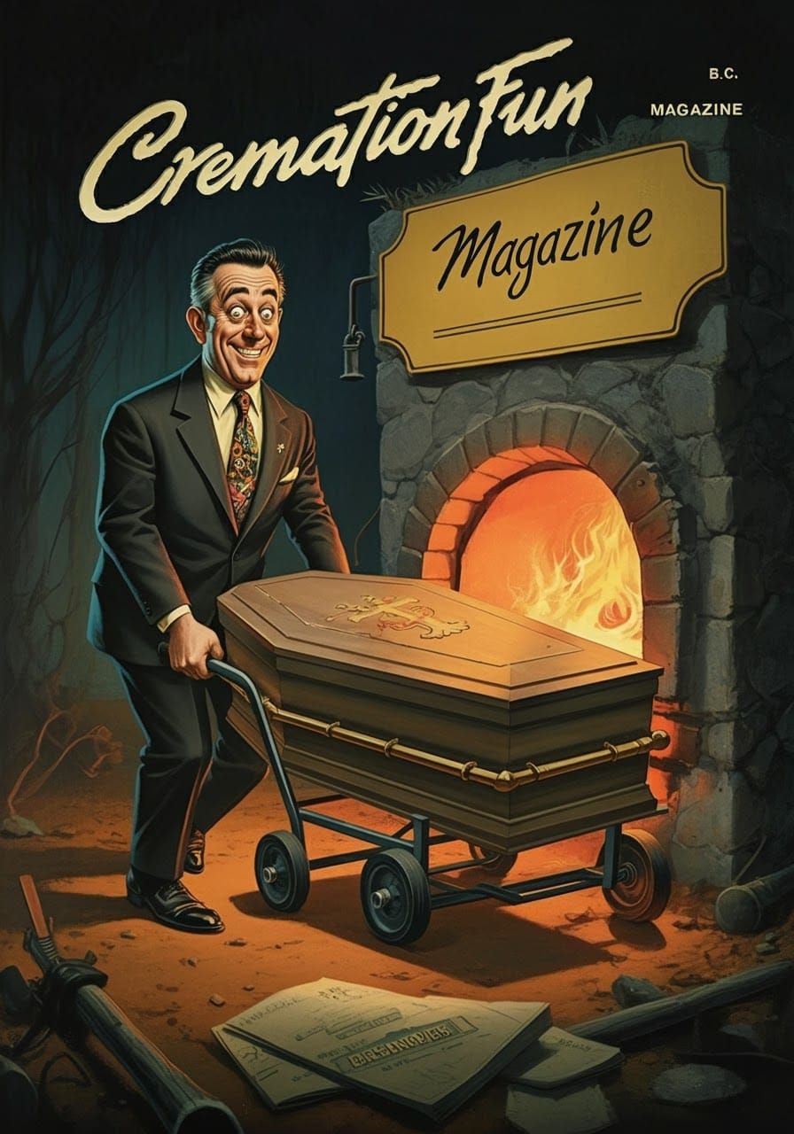 Cremation Fun Magazine Cover: Retro Illustration