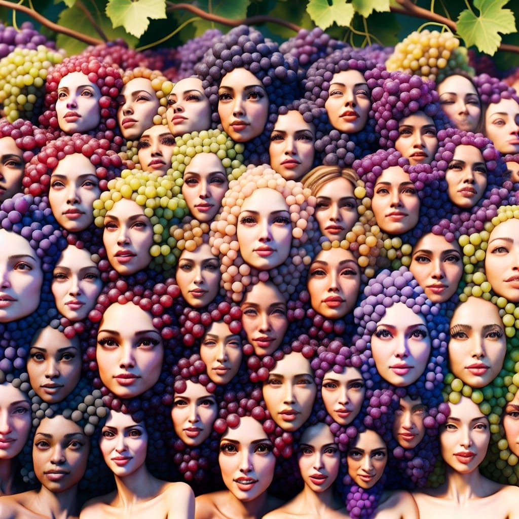 Women as Grapes with Hyperrealistic Faces in Multicultural D...