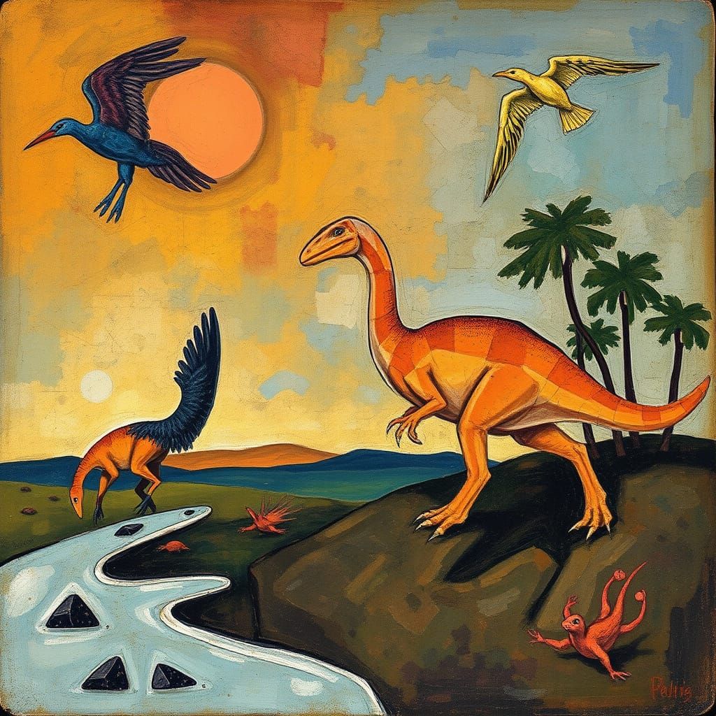 Dinosaurs and Pterosaurs in Primordial Paradise: Impasto Pai...