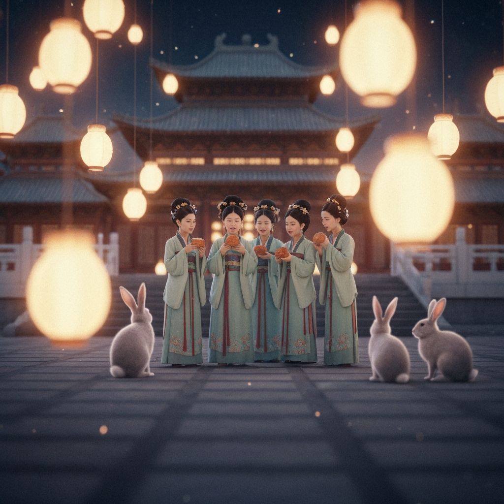 Ancient Chinese Palace at Night with Rabbits and Moon Cakes