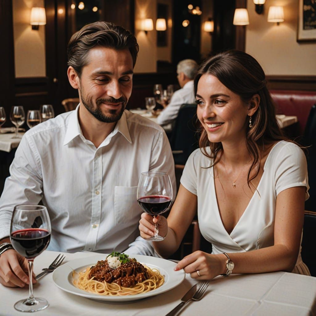 Couple Dines in White Attire with Red Wine and Spaghetti