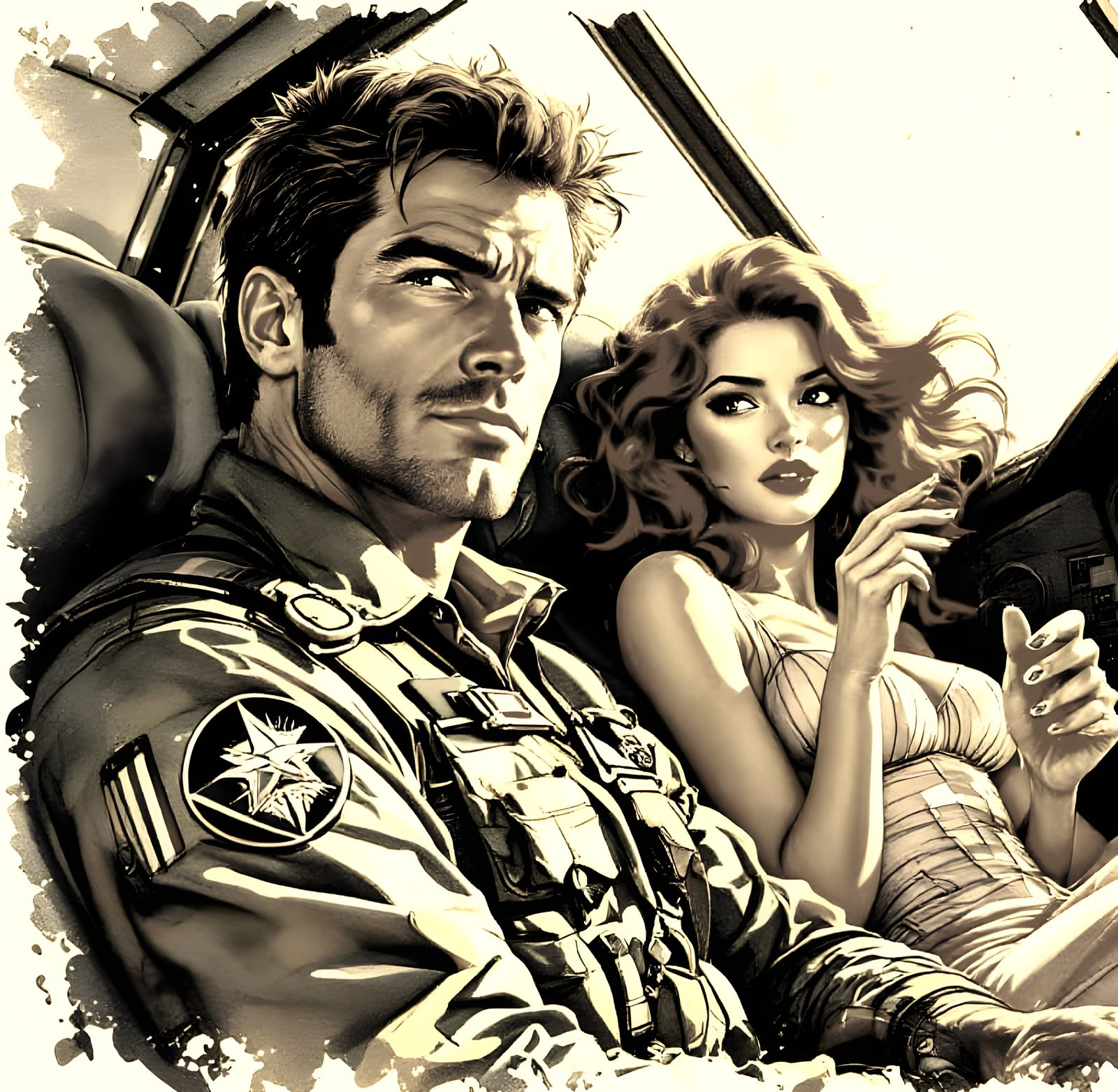 Comic Style Art: Pilot and Woman in Bomber
