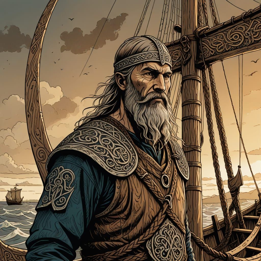 Viking Skald Illustration in Ink Drawing Style