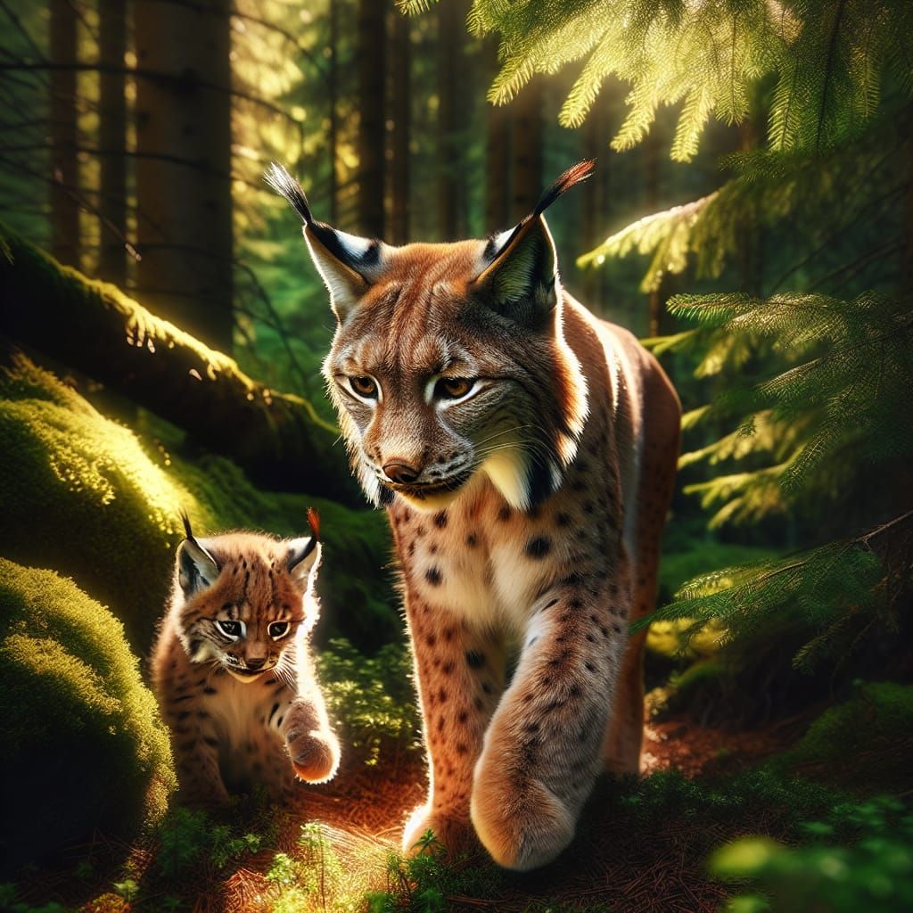 Mother Lynx and Cub in Forest Glade