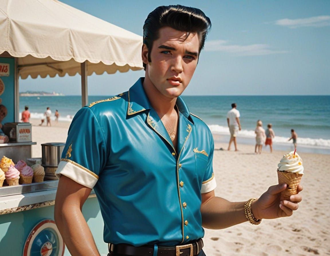 Elvis Presley Serves Ice Cream on the Beach in Style