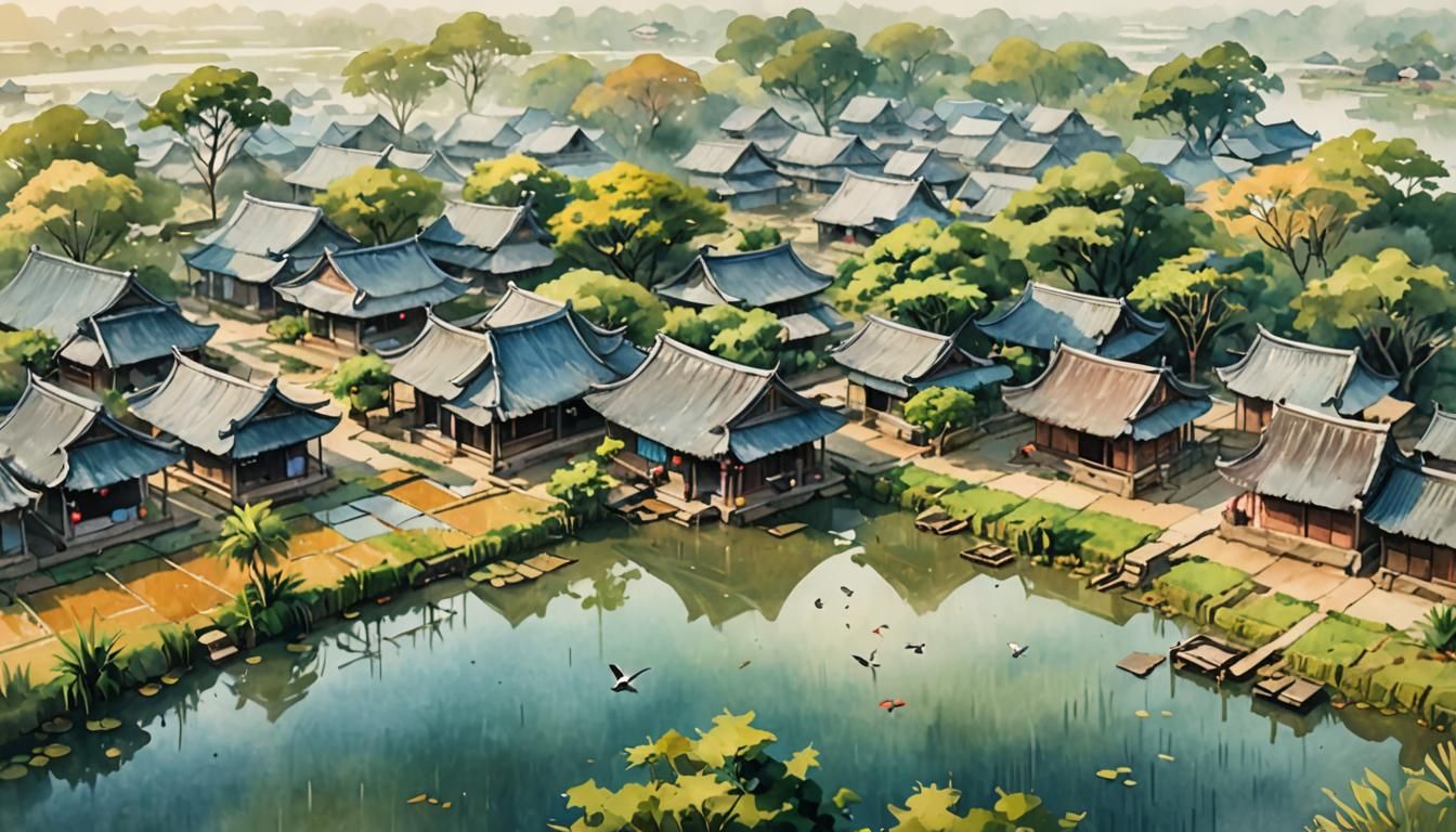 Aerial View of Vietnamese Village in Watercolor Style