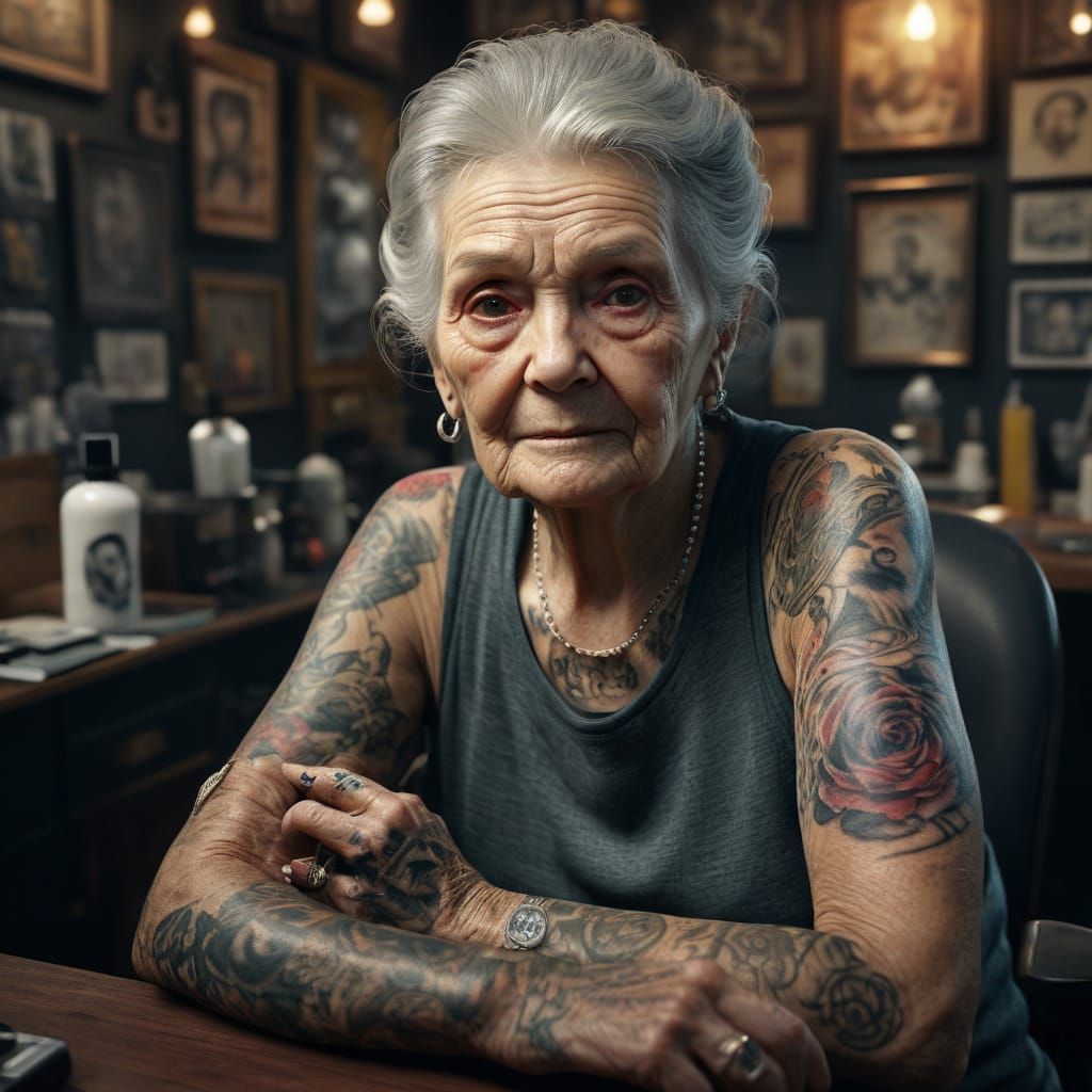 Grandmother's First Tattoo: Hyperrealistic 8K Portrait