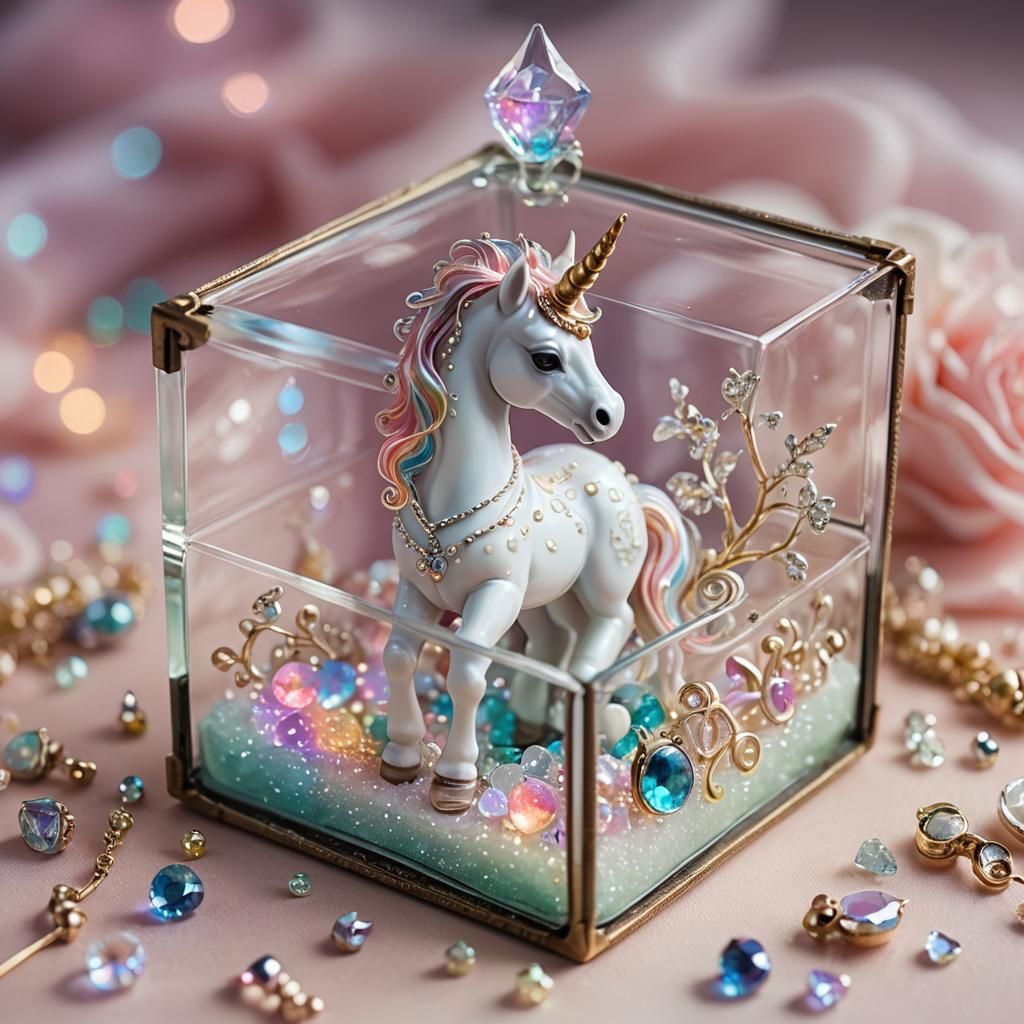 Cute Baby Unicorn in Iridescent Glass Jewelry Box