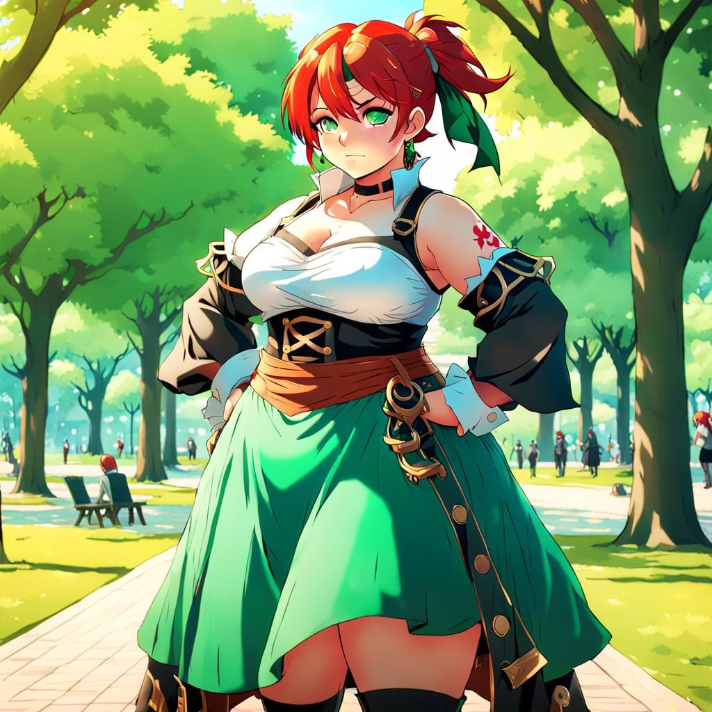 Anime Pirate Princess in Park, Cel-Shaded Style