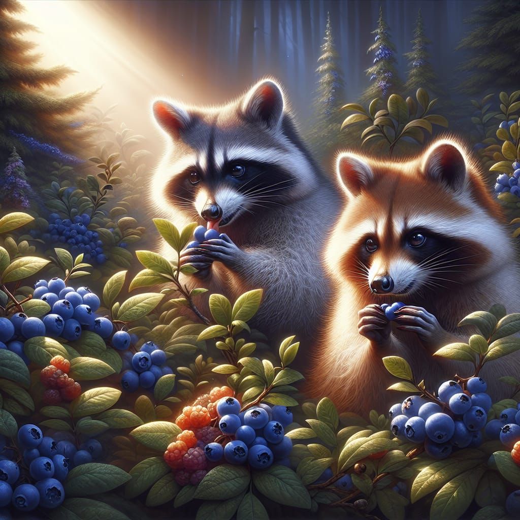 Raccoons Feast on Blueberries in Maximalist Garden