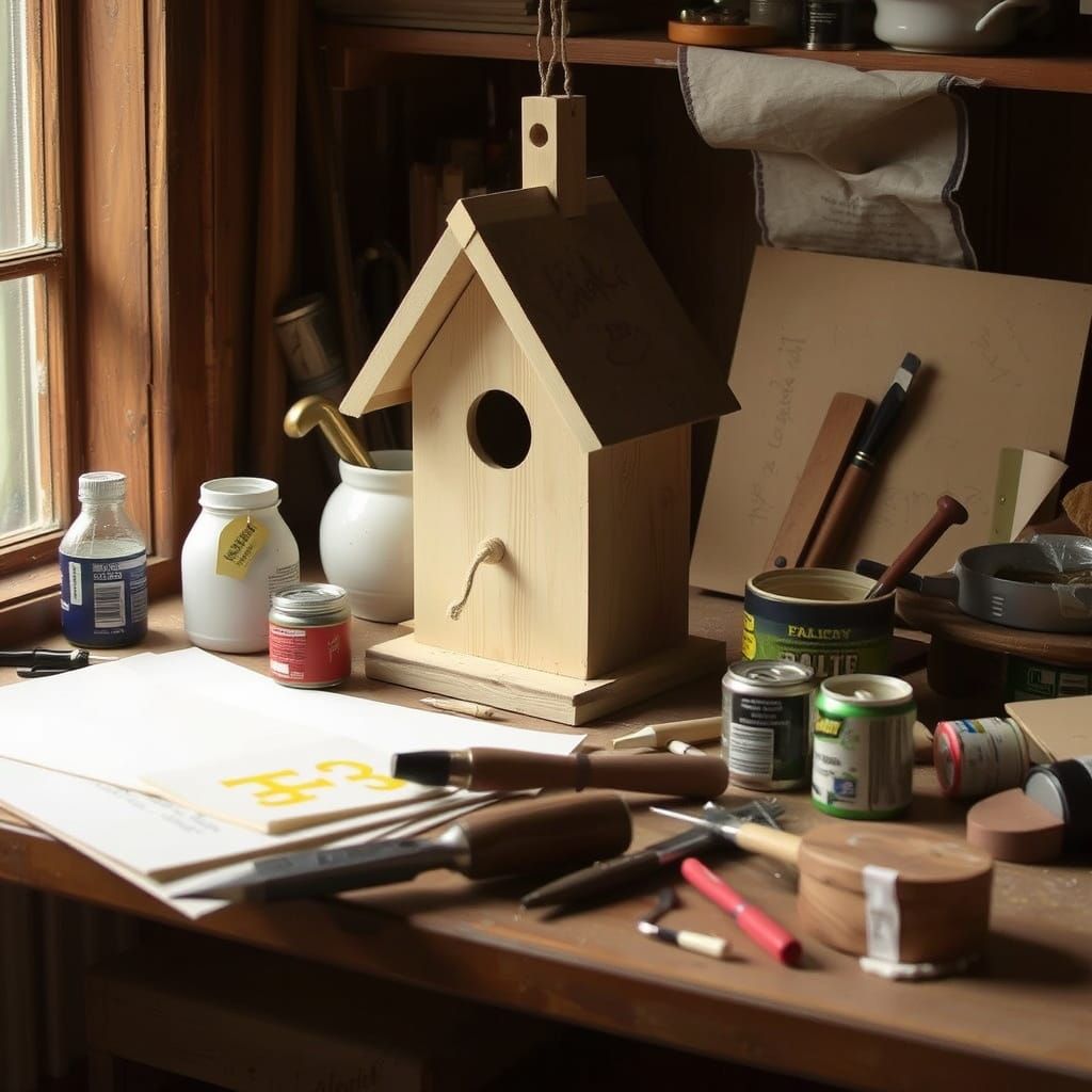 Handcrafted Birdhouse in Soft Light, Folk Art Style