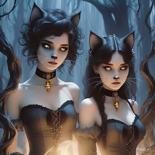 Two Moe-Style Anime Half Cat Girls Study a Sparkling Choker