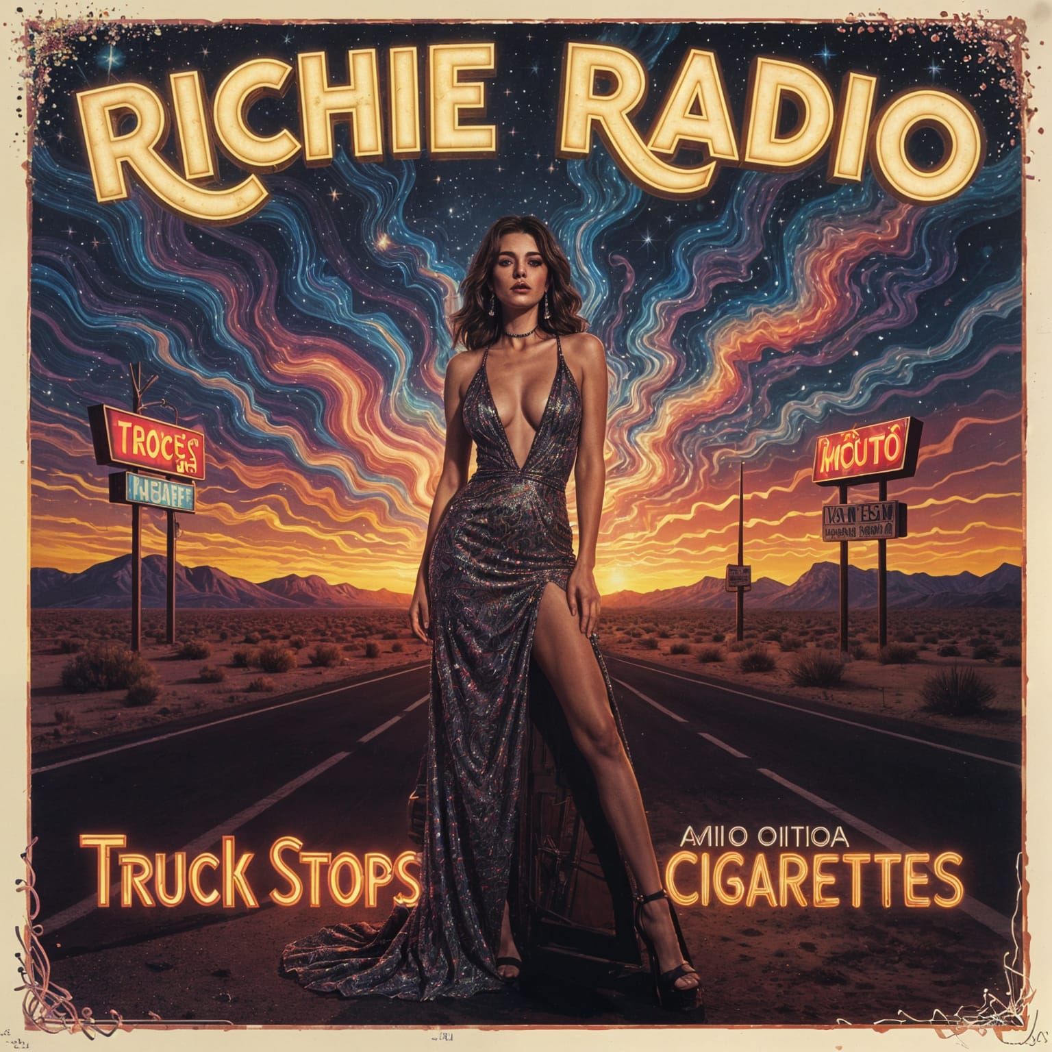 Psychedelic Vegas Desert Album Cover with Sexy Woman