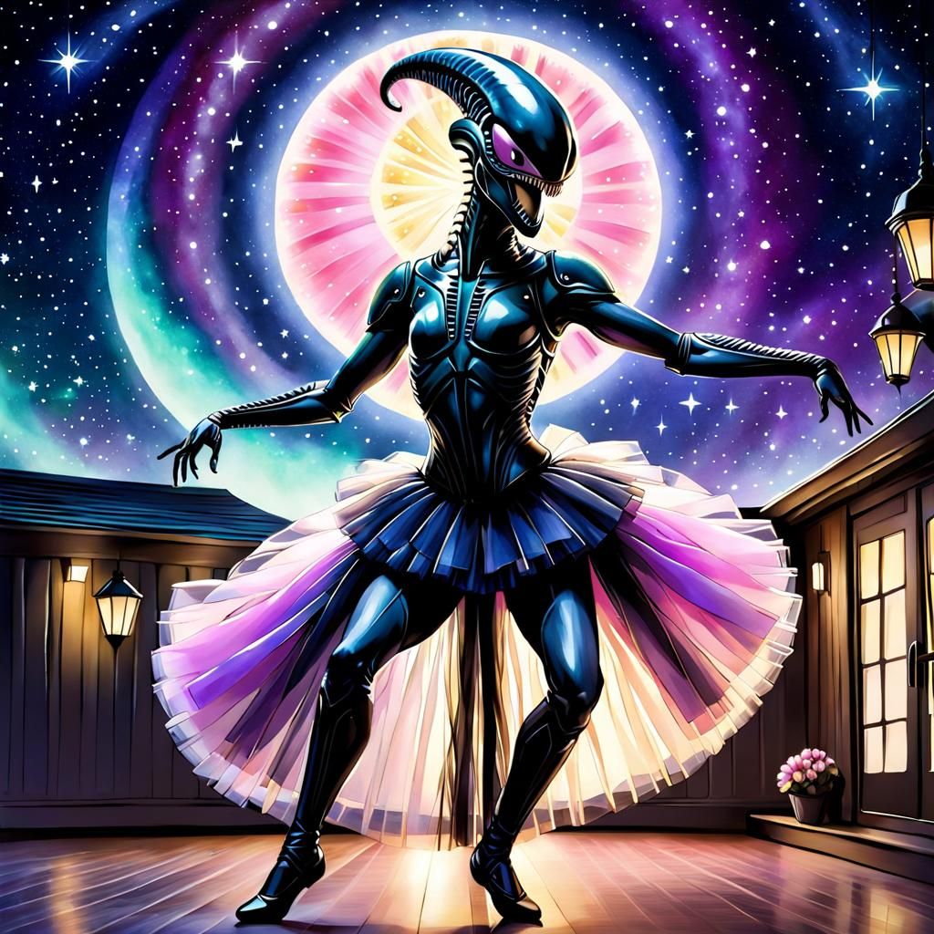 Xenomorph Ballerina Under the Stars: Digital Watercolor