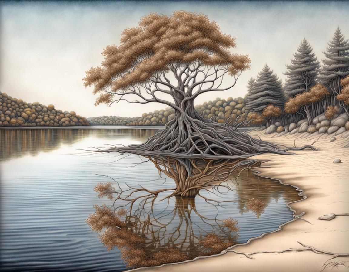 Hyperrealistic Lake with Rickets, Pencil Sketch Style