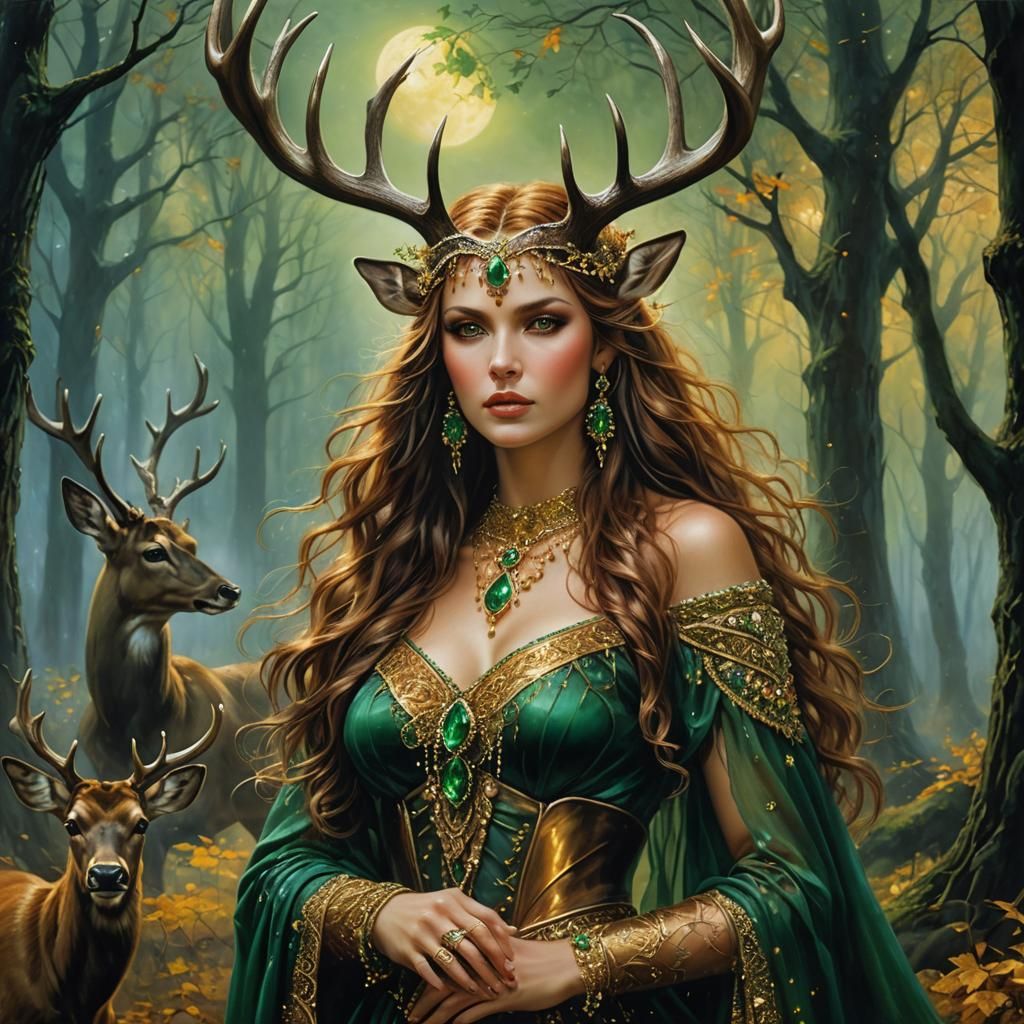 Antlered Woman in Emerald, Fantasy Oil Painting