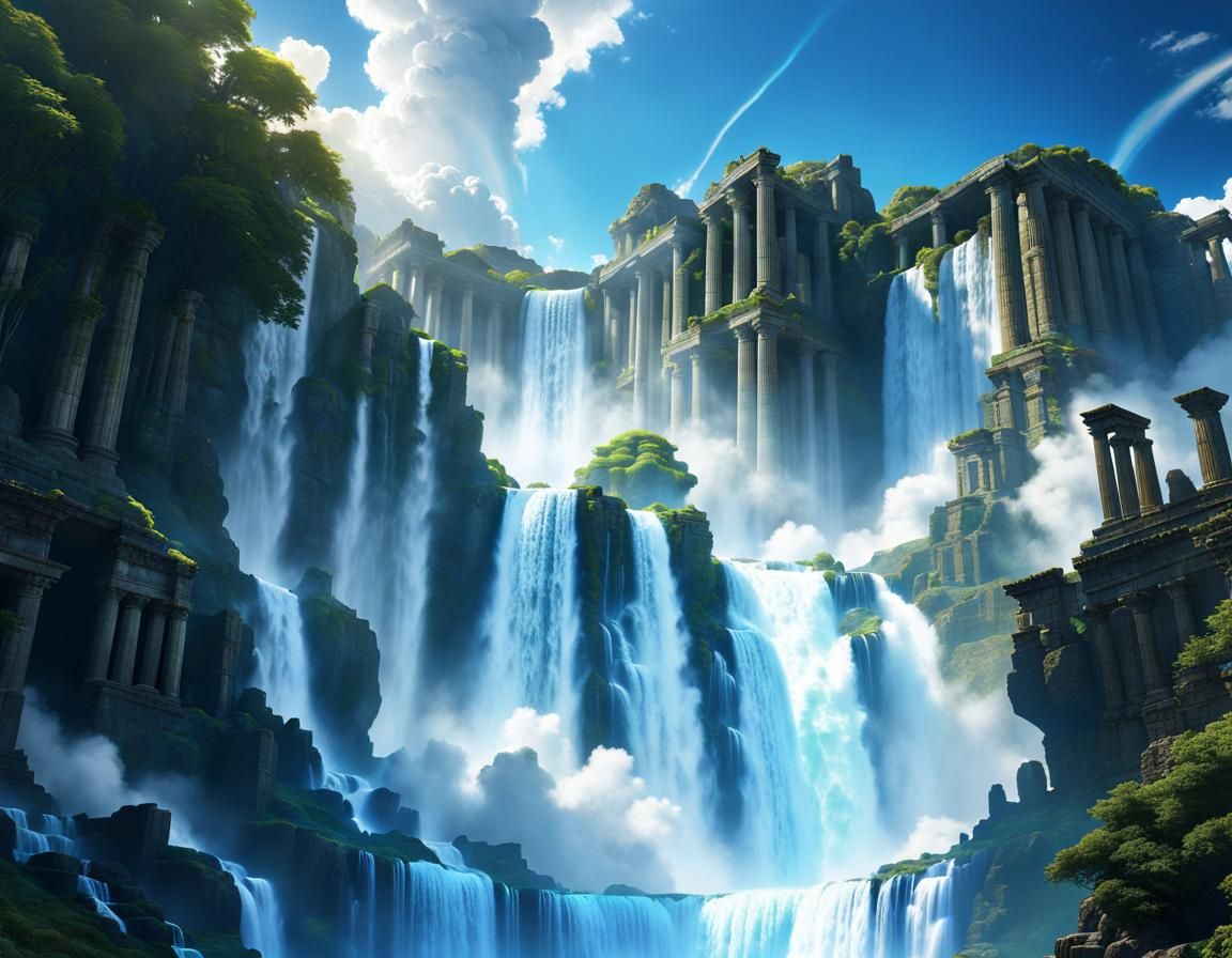 Grecian Ruins Waterfall with Cumulonimbus Clouds