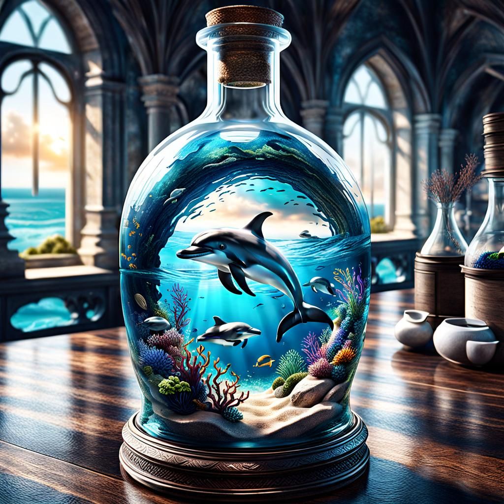 A dolphin inside a bottle, wonderful underwater landscape in...