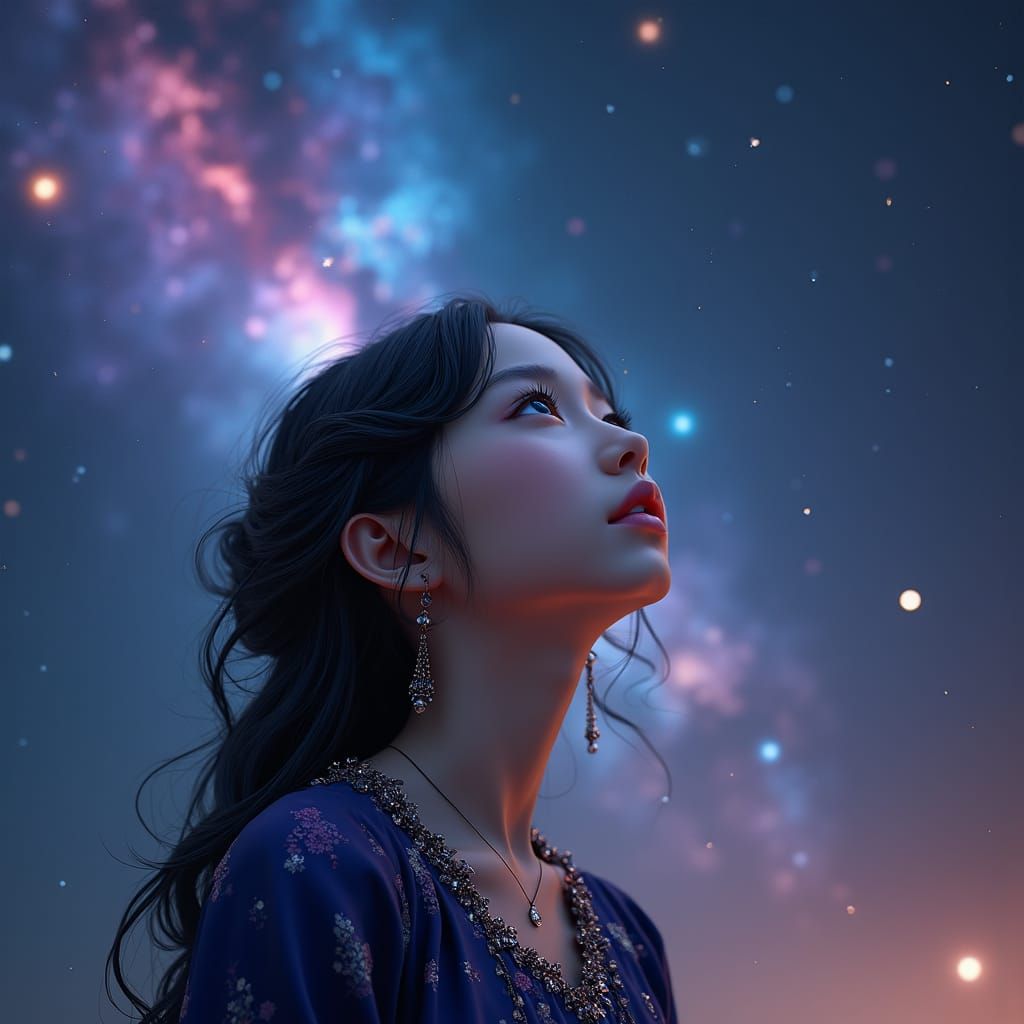 Girl Gazing at Nebula in Hyper-Realistic Night Sky