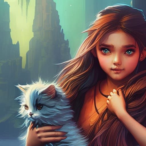 Girl Holding Fluffy Cat as Matte Painting