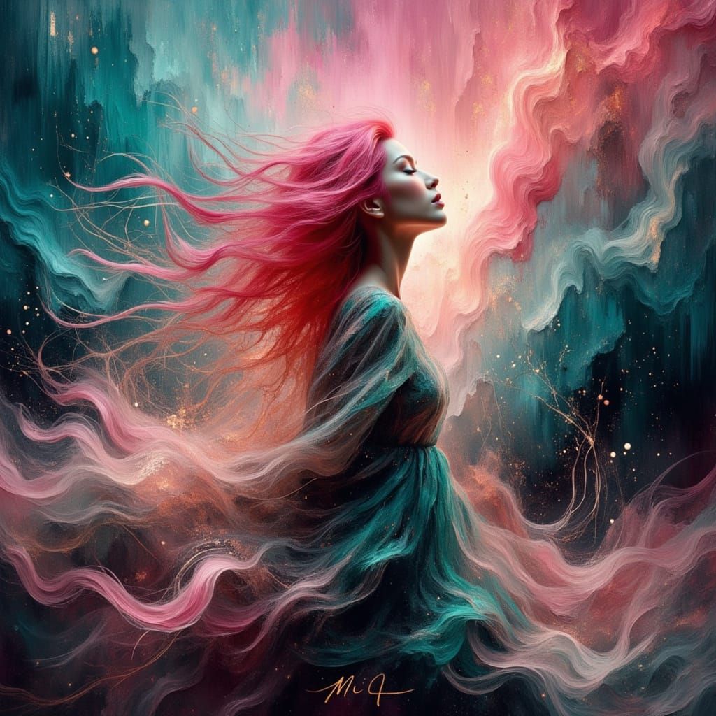 Woman Merging with Storm in Expressionist Style