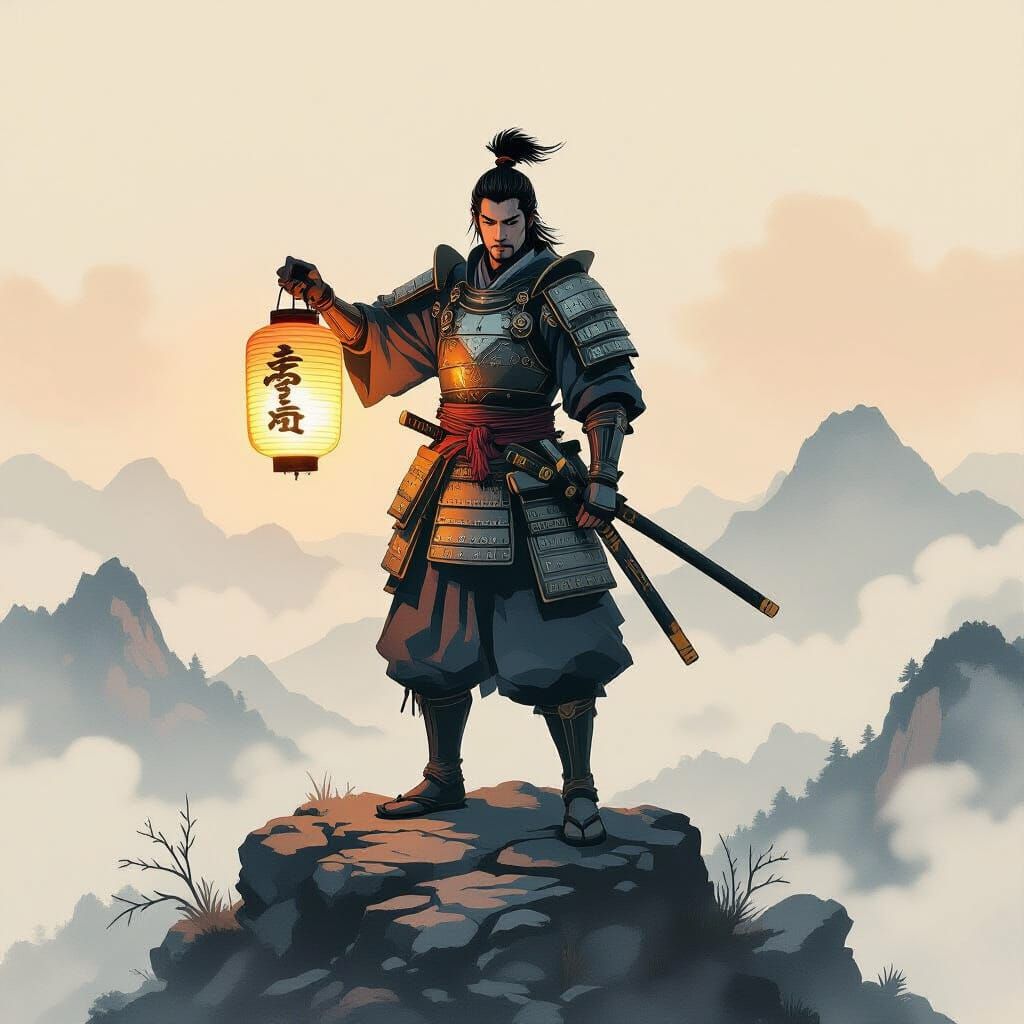 Samurai with Lantern on Misty Peak: Ink Wash Style