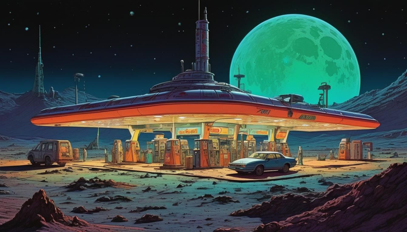 Alien Gas Station on the Moon in Moebius Style