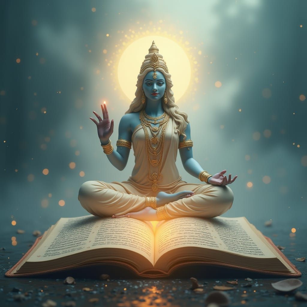 Saraswati Goddess in Ethereal Setting with Open Mahabharata