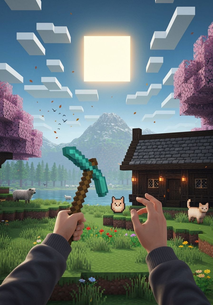 Minecraft Realism: Diamond Pickaxe in Lush Landscape