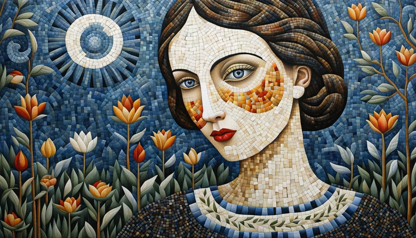 Colorful Mosaic with Water Stain and Patchwork Design