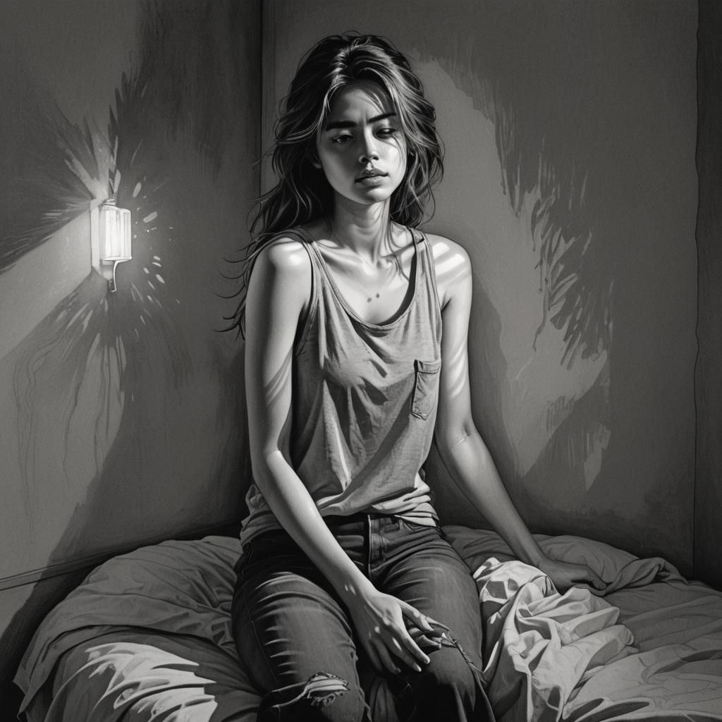 Chiaroscuro Illustration of Shy Woman in Bedroom