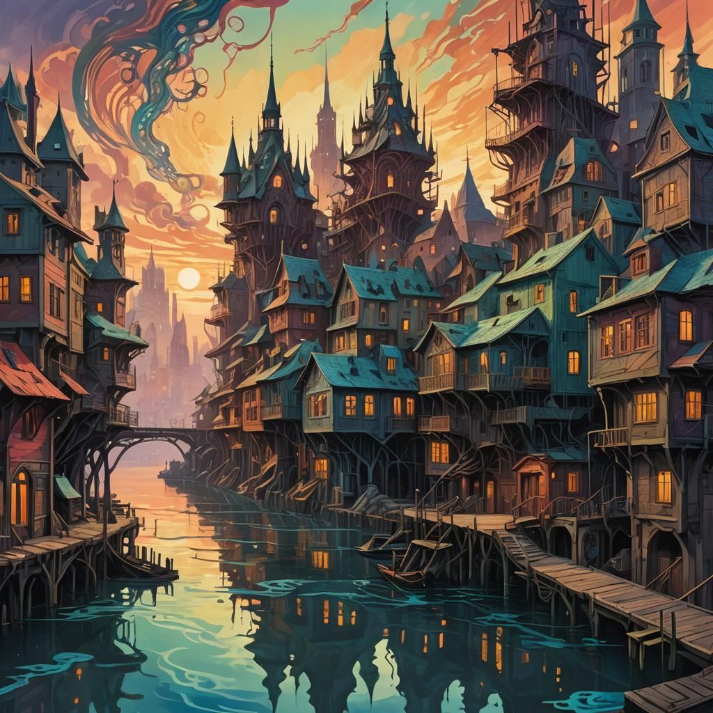 Eldritch Cityscape at Sunset in Gouache Style