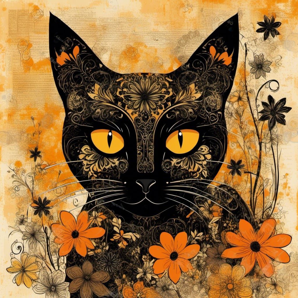 folk art illustration, whimsical black cat, minimalist silho...