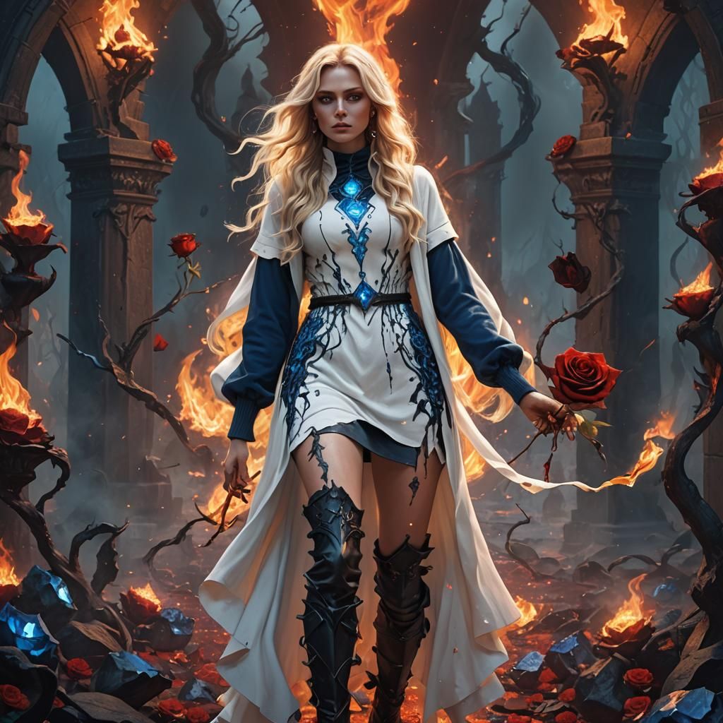 Blonde Woman with Rose in Rings of Fire