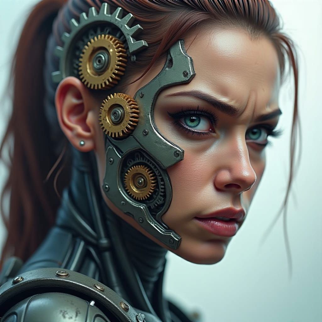 Bionic Women with Gears Bursting Out in Intense Action