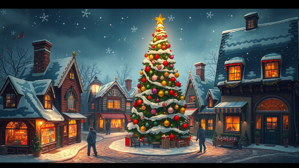 Festive Vintage Holiday Village in Winter Wonderland Scene